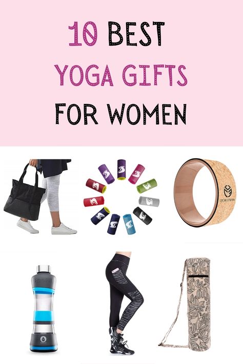 A collection of yoga gift ideas for women, including a yoga mat bag, microfiber cooling towel, smart water bottle, yoga pants with pockets, Lululemon tote bag, and a yoga wheel. Yoga Gifts Ideas Diy, Fitness Gifts For Women Ideas, Gifts For Yoga Lovers, Yoga Themes, Zen Gifts, Yoga Lover Gift, Yoga Wheel, Sports Massage, Bikram Yoga