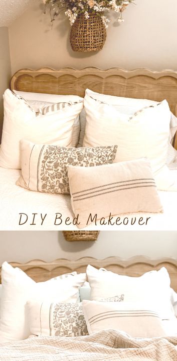 DIY Bed Makeover Raw Wood Bed Frame, Bed Frame Makeover, Frame Makeover, Raw Wood Furniture, Bed Makeover, Watch Diy, Grain Sack Pillows, Beautiful Bed, Wood Bed Frame