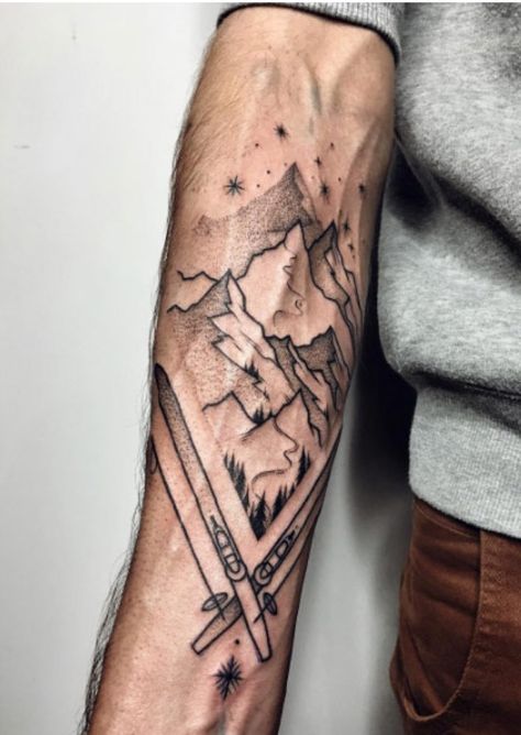 Ski Tattoo Upper Arm Tattoo Mountains, Inside Tattoo, Skiing Tattoo, Bicep Tattoos, Tattoo Mountain, Arm Tattoos For Guys Forearm, Simple Forearm Tattoos, Christian Sleeve Tattoo, Tattoos Men