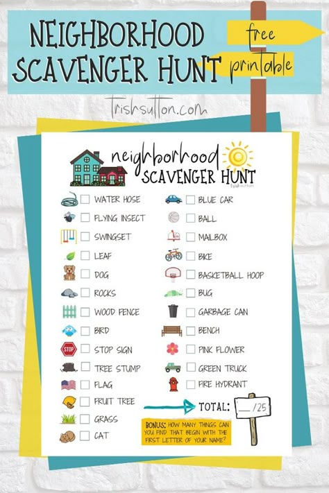 Neighborhood Scavenger Hunt Free Printable | Trish Sutton Block Party Scavenger Hunt, Community Scavenger Hunt Ideas, Scavenger Hunt Cards Free Printable, Outdoor Scavenger Hunt Free Printable, Small Town Scavenger Hunt, Toddler Scavenger Hunt Outdoor, Outdoor Scavenger Hunt Ideas For Kids Free Printable, Neighborhood Scavenger Hunt For Teens, Scavenger Hunt Printables Free