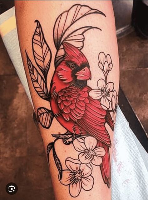 Red Bird With Flowers Tattoo, Cardinal On Dogwood Branch Tattoo, Unique Cardinal Tattoo, Cardinal And Lily Of The Valley Tattoo, Redbird Tattoo Cardinals, Cardinal Dogwood Tattoo, Owl And Cardinal Tattoo, Tree And Cardinal Tattoo, Cardinal Sleeve Tattoos For Women