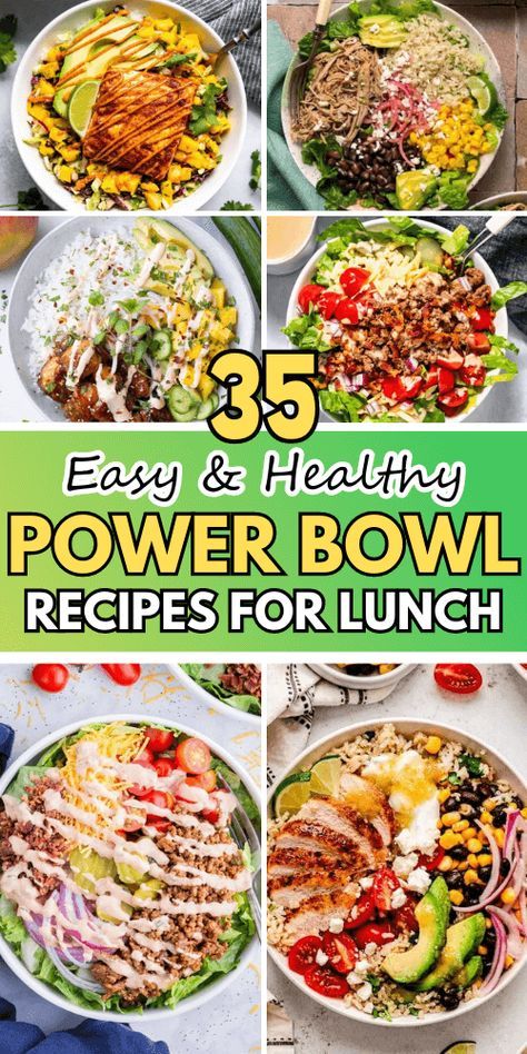 Need healthy power bowl recipes that are simple to make? Our 35 recipes feature options like peanut chicken bowls, rotisserie chicken bowls, and high protein breakfast bowls. Save this pin to enjoy quick and easy meals for lunch, dinner, and breakfast. Low Calorie Power Bowl Recipes, Easy One Bowl Meals, Bowl Salad Recipes, Best Bowls Recipe, Ww Lunch Bowls, Healthy Pre Made Meals, Quick Dinner Bowls, Easy Healthy Bowls Dinners, Easy Dinner Bowls Healthy Meals