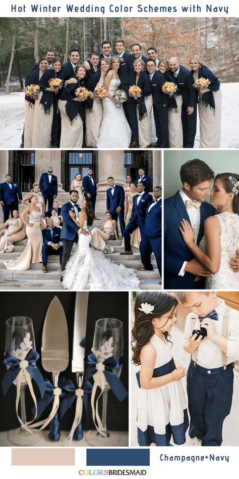 Bellas Wedding, Winter Wedding Color Palette, Blue Winter Wedding, Palettes Color, Wedding Color Palettes, White Bridal Gown, Wedding Color Combos, January Wedding, Navy Blue Bridesmaid Dresses