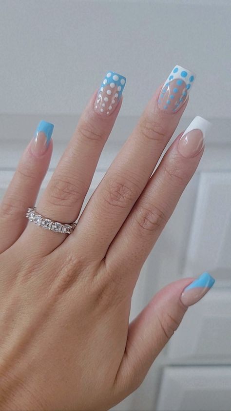 Short French nails Blue And White French Nails, White French Nails, Blue French Tips, White French, French Tips, Prom Nails, French Tip Nails, French Nails, Nail Tips