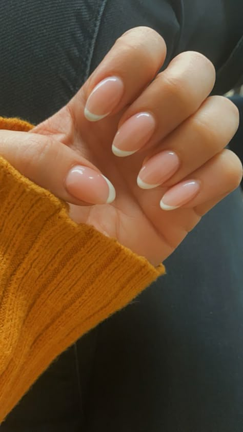 Slanted white tip nails almost like an askew french mani Gelish Nails French Ideas, Almond Natural French Nails, Slanted White Tip Nails, Modern White Tip Nails, Half French Tip Nails Almond, Minimal French Tip Nails Almond, Short Almost Acrylic Nails, Slant French Tip Nails, Slanted French Nails