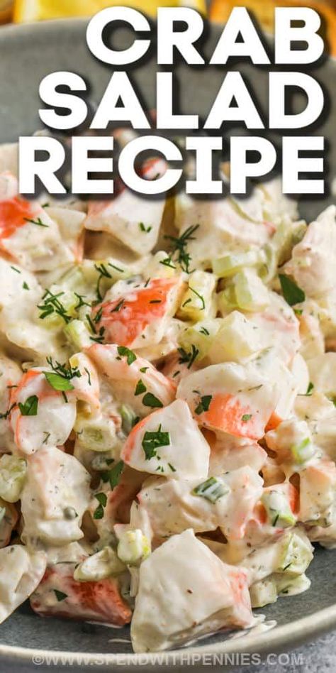 It is so easy to fall in love with this crab salad recipe. Made with real or imitation crab, celery, and a dressing made from cream mayo and sour cream, this salad is both crunchy and creamy. Sandwich it in a croissant or French bread, toss it with some pasta, or simply eat it as a plain salad. This salad is served cold and is a simple side dish that everyone will love. #crabsaladrecipe #crabsalad #easycrabsaladrecipe #spendwithpennies Italian Crab Salad, Crab Salad Recipe No Mayo, Imitated Crab Salad Recipes Easy, Imitated Crab Salad Recipes, Crab Avocado Salad, Crabmeat Salad Recipe, Easy Crab Salad Recipe, Imitated Crab Salad, Crab Salad Recipe Pasta