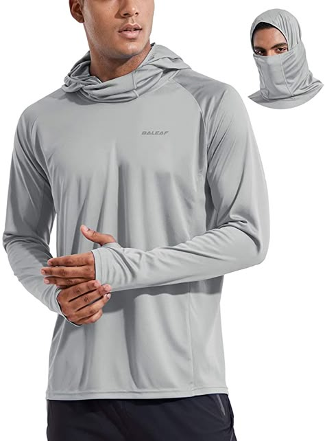 BALEAF Men's Long Sleeve UPF 50+ UV Sun Protection Shirt SPF Lightweight Quick Dry Hiking Fishing Shirt Gray Size S at Amazon Men’s Clothing store Long Sleeve Running Shirt, Sun Protective Clothing, 50th Clothing, Sun Shirt, Head And Neck, Neck Gaiter, Fishing Shirts, Rash Guard, A Mask