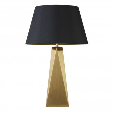 Size: Height 58cm   Diameter 33cm   Height of shade 21cmWattage: 1 x 60wSocket: ES/E27 screw type Black And Gold Table, Gold Lamp Shades, Lamp With Black Shade, Spare Bedroom Ideas, Linen Lamp Shades, Lounge Lighting, Metal Table Base, Gold Lamp, Gold Table Lamp