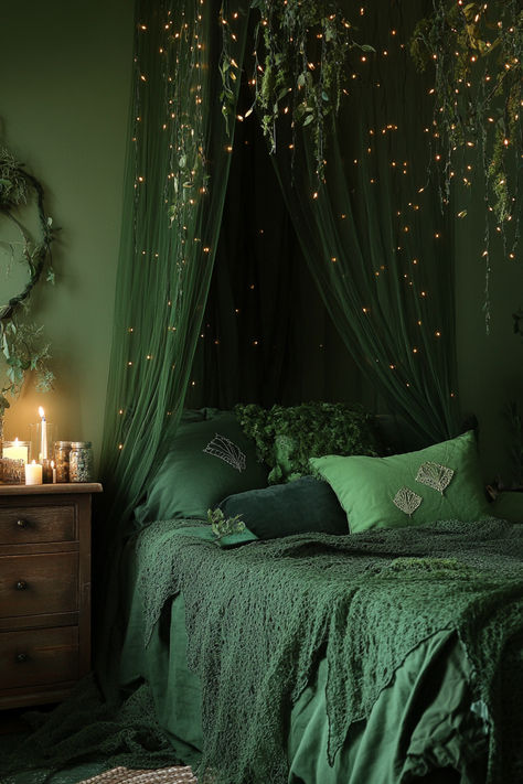 Transform your bedroom into a mystical haven with these 30+ witchy ideas. Blend magic and modern style with enchanting decor, from moon-themed accents to crystal displays. Create your own magical retreat! 🌟🔮 #WitchyBedroom #MagicalDecor #ModernWitch #HomeStyle Modern Witchy Decor, Forest Green Aesthetic Bedroom, Witchy Minimalist Decor, Forest Green And Gold Bedroom, Witch's Bedroom, Mystic Interior, Wiccan Bedroom, Dark Witchy Bedroom, Enchanted Forest Bedroom Ideas