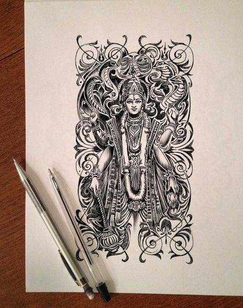 Vishnu by Bennett-Klein Line Art Drawings Doodles, Art Drawings Doodles, Tattoo Perna, Ancient Drawings, Pen Art Work, Indian God, Pen Art Drawings, Beautiful Art Paintings, Hinduism Art