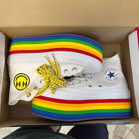 New With Box. Collector’s Item. Converse X Miley Cyrus Rainbow Platform Hi-Top Sneakers From A Previous Special June Pride Release. The White Of The Shoe Is A Glitter White. Women’s Size 7. Converse Pride Shoes, Rainbow Platform Shoes, Cute Pride Outfits, Rainbow Converse, Pride Fashion, Ways To Lace Shoes, Lgbtq Clothing, Pride Shoes, Silly Clothes