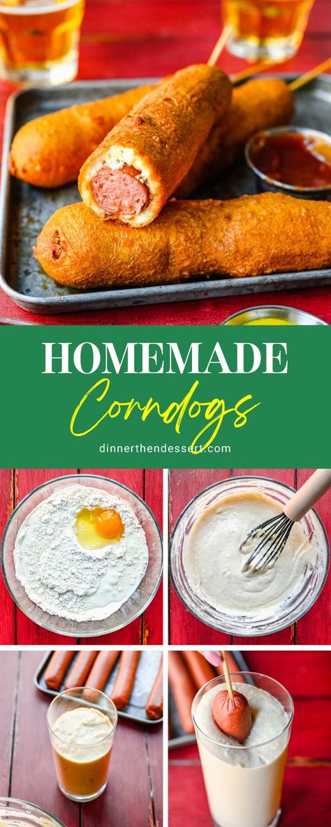 County fair style Homemade Corndogs are a fun, easy dinner recipe! Deep fried, hand-dipped corn dogs with a thick delicious cornmeal batter. Corndog Batter Recipe, Summer Dip Recipes, Corn Dog Batter, Homemade Corndogs, Apple Butter Crock Pot, Corndog Recipe, Homemade Egg Rolls, Batter Recipe, Roasted Cabbage