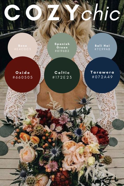 Boho Wedding Color Schemes Fall, Cozy Chic Wedding Colors, Elopement Color Schemes, Wedding Color Schemes Boho, Bohemian Wedding Theme Color Palettes, Wedding Colour Palettes 2023, Boho Colors Wedding, Deep Winter Color Palette Wedding, Bridal Color Schemes Fall