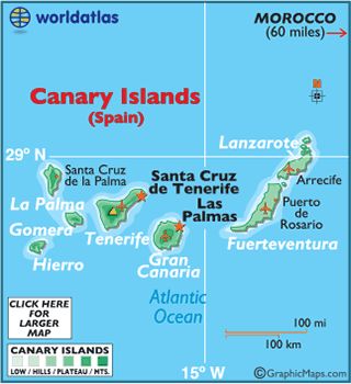 Once known to the ancient Romans as the Fortunate Islands, the Canary Islands were named after the large dogs (Canes) found living on the islands.   Initially home to an indigenous population known as the Guanches, over the years the Canary Islands were visited by Phoenicians, Carthaginians, and the Greeks.   King Juba was credited with discovering the islands for the Western World during the 1st century AD. Canary Islands Map Illustration, Canary Islands Map, Canary Islands Tenerife, Backpacking Spain, Tenerife Canary Islands, Continents And Oceans, Maps Of The World, Canary Islands Spain, Sailing Trips