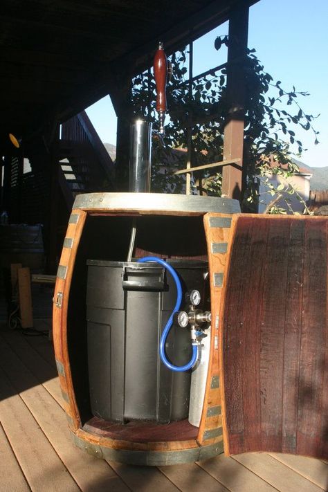 Wine barrel ideas Wine Barrel Ideas, Wine Barrel Crafts, Wine Barrel Bar, Barrels Diy, Boxed Wine, Cold Wine, Bar Deco, Barrel Ideas, Barrel Projects