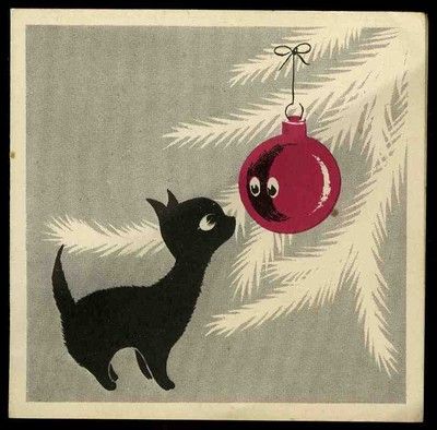 Vintage Holiday Cards, Cat Christmas Tree, Vintage Christmas Greeting Cards, Mid Century Christmas, A Black Cat, Illustration Vintage, Cat Christmas, Vintage Christmas Cards, Vintage Greeting Cards