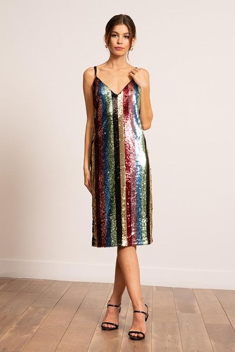 Lucy Paris - Multi Striped Sequined Dress  #LucyParis #rainbow #dress #spring #style #wedding Rainbow Sequin Dress, Shiny Dresses, Preppy Look, Multicolor Dress, Wedding Goals, Girls Night Out, Sequin Dress, Midi Length, Long Dress