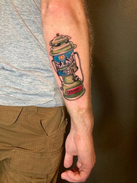 Coleman Lantern Tattoo, Camp Lantern Tattoo, Outdoor Themed Tattoos, Camping Lantern Tattoo, Grandpa Tattoo, Outdoor Tattoo, Nature Tattoo Ideas, Fishing Tattoo, Camping Tattoo