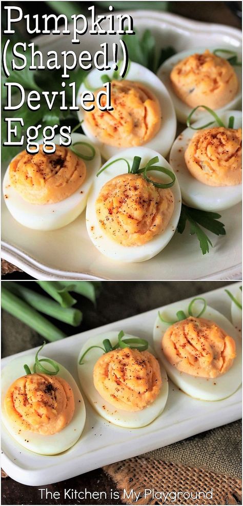 Pumpkin Shaped Deviled Eggs Euchre Party, Pumpkin Deviled Eggs, Halloween Deviled Eggs, Thanksgiving Deviled Eggs, Thanksgiving Snacks, Thanksgiving Entertaining, Vegan Holiday Recipes, Fall Appetizers, Deviled Eggs Recipe