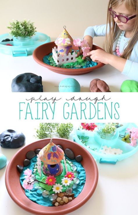 Play Dough Fairy Gardens | Mama.Papa.Bubba. Playdough Party, Playdough Activities, Playdough Kits, Invitation To Play, Garden Birthday, Fairy Parties, Fairy Garden Diy, Play Dough, Fairy Gardens