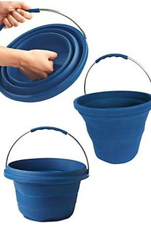 A collapsible bucket. | 25 Ingenious Products That Will Save You So Much Space Astuces Camping-car, Collapsible Bucket, Rv Organization, Camping Gadgets, Rv Hacks, Smart Ideas, Camper Life, Rv Stuff, Camping Ideas