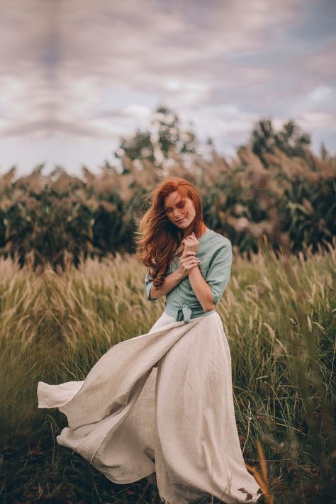 "Linen Skirt, Wrap Skirt, Maxi Skirt ♠ Effortless long skirt that is made of 100% pure linen and has a tie wrap closure. This rich maxi skirt looks feminine while being super comfy and breezy. Made from natural washed and soft linen that has a thick texture and is perfect for the summer weather. ♠ Sizes The model on the picture is 168 cm/5'5\" tall and is wearing size XS. Have a look at my Size Chart below to make sure your piece will fit you best. ** Custom Orders For any changes or adjustments Photoshoot In Historical Place, Countryside Fashion Photography, Dressing For The Female Gaze, Natural Poses For Women, Maxi Skirt Photoshoot, Plus Size Feminine Style, Femininity Photography, Inspired Photoshoot Ideas, Earthy Photoshoot