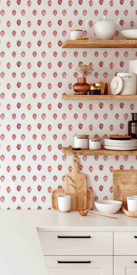 Strawberry Pattern Wallpaper, Wallpaper In Kitchen, Wallpaper Backsplash Kitchen, Terrazzo Decor, Modern Wall Mural, Strawberry Wallpaper, Stick Light, Kids Room Murals, Strawberry Pattern