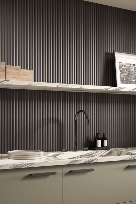 Feature Wall Kitchen, Reeded Wall, Extension Roof, Black Range Hood, Charcoal Panels, Range Hood Cover, Outdoor Wall Panels, Waterproof Wall Panels, Kitchen Wall Panels