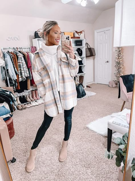 Fall Winter Boot Outfits, Shacket Boots Outfit, Shacket And Boots Outfit, Fall Fashion With Boots, Teacher Shacket Outfit, Taupe Boots Outfit Fall, Fall Outfit Ideas For Women Casual, 2024 Boots Outfits, Shaw Outfit Fall