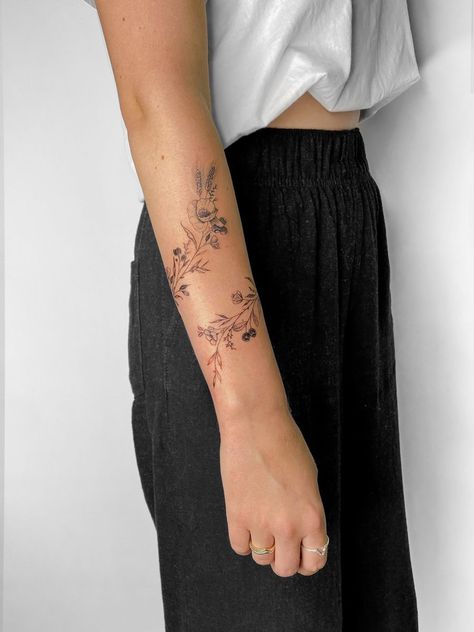 Soft Sleeve Tattoos For Women, Fineline Floral Tattoo Arm, Women Vine Tattoo Arm, Dainty Lower Arm Tattoos, Flowers Around Forearm Tattoo, Dainty Floral Arm Wrap Tattoo, Floral Tattoo Design Wrap, Fineline Wrap Around Tattoo, Floral Wrap Arm Tattoo