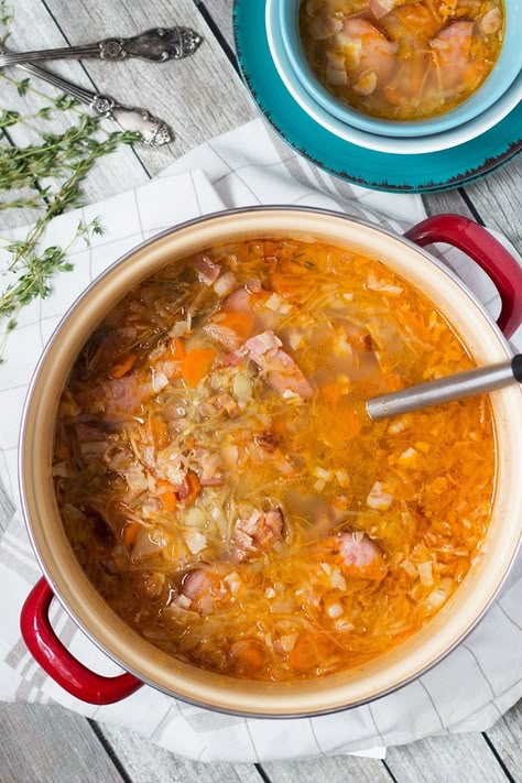 Polish Sauerkraut, Polish Soup, Sausage And Bacon, Soup With Sausage, Sauerkraut Soup, Eastern European Recipes, Polish Sausage, Sauerkraut Recipes, Ukrainian Recipes