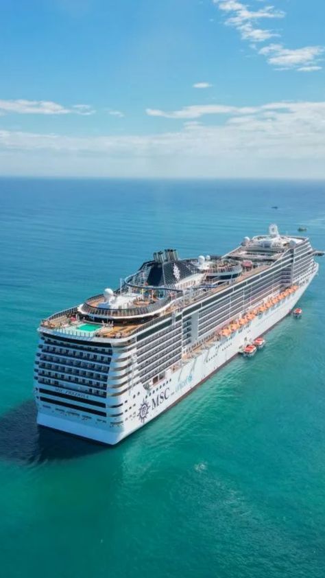 Aerial view of an MSC cruis ship. Holiday Manifestation, Spring Break Cruise, Summer Cruise, How To Book A Cruise, Msc Cruises, Spa Interior, Visual Board, Ocean Sounds, Luxury Cruise