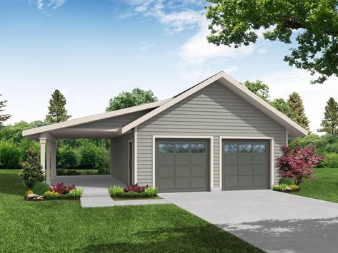 051G-0151: 2-Car Garage Plan with Carport Backyard Hill, Attached Carport, Detached Garage Designs, Car Porch Design, Garage Build, Garage Extension, 2 Car Garage Plans, Garage Plans Detached, Backyard Barn