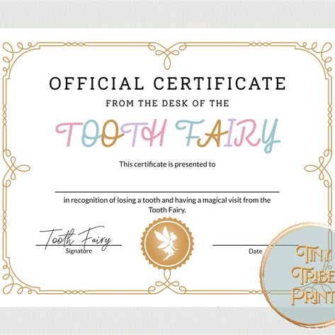 Tooth Fairy Certificate, First Tooth, Tooth Fairy, Printables Kids, Poster Board, Cardstock Paper, Childhood Memories, Etsy Shop, Digital Prints