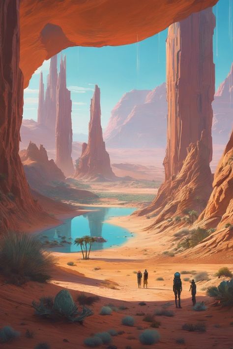 Oasis Fantasy Art, Fantasy Oasis, Fantasy Alien, Future Buildings, Science Fiction Art, Science Fiction, Oasis, Concept Art, Sci Fi