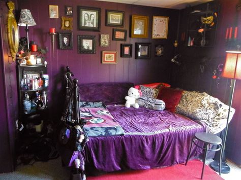 Subtle Goth Bedroom! I definitely have a wall of frames like that in my room! Goth Bedroom, Purple Goth, Gothic Room, Gothic Bedroom, Purple Bedrooms, Purple Rooms, Bedroom Setup, House Room, Room Inspiration Bedroom