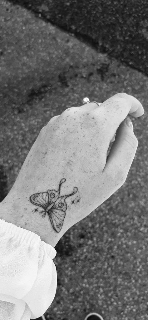 Moth Tattoo Stick And Poke, Wrist Moth Tattoo, Tiny Luna Moth Tattoo, Luna Moth And Moon Tattoo, Hand Moth Tattoo, Moth Small Tattoo, Mini Moth Tattoo, Luna Moth Hand Tattoo, Small Moth Tattoo Simple