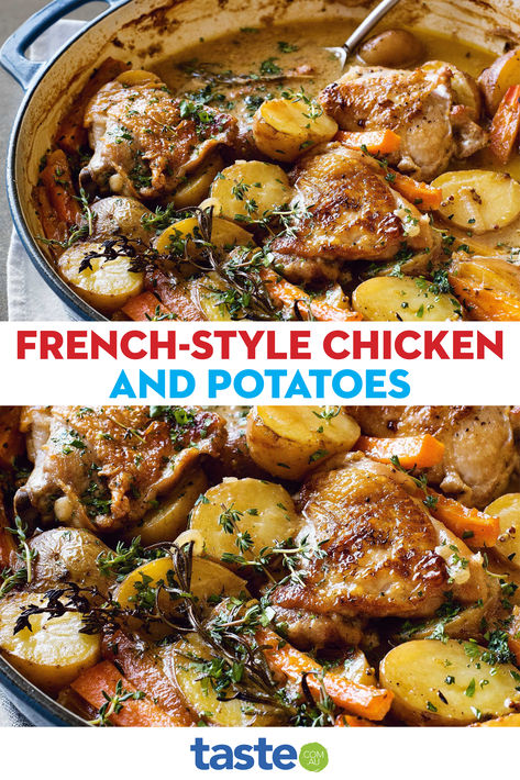 Take your tastebuds on a trip to France with this delicious and easy French-style creamy chicken and potato bake. Chicken In A Pot, French Chicken Breast Recipes, Baked Chicken Potatoes, Easy Chicken French Recipes, Recipe With Cooked Chicken, Chicken Recipes With Potatoes, French Chicken Recipes Authentic, French Braised Chicken, French Chicken Casserole