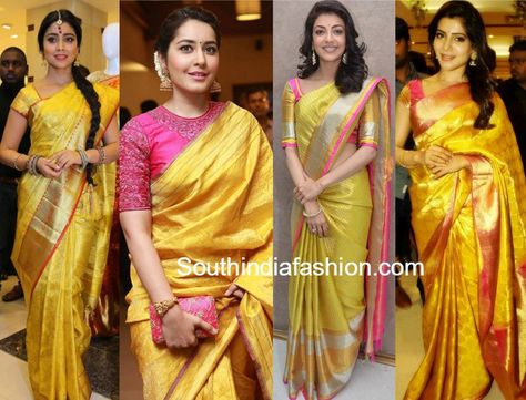 Spreading Sunshine Your Way: Must Have Yellow Kanjeevaram Sarees Saree Celebrity, Blouse Pattern Free, Ikat Blouse Designs, Latest Indian Fashion Trends, Kerala Saree Blouse, Kerala Saree Blouse Designs, Kanjeevaram Sarees, Kanjivaram Sarees Silk, Couple Wedding Dress