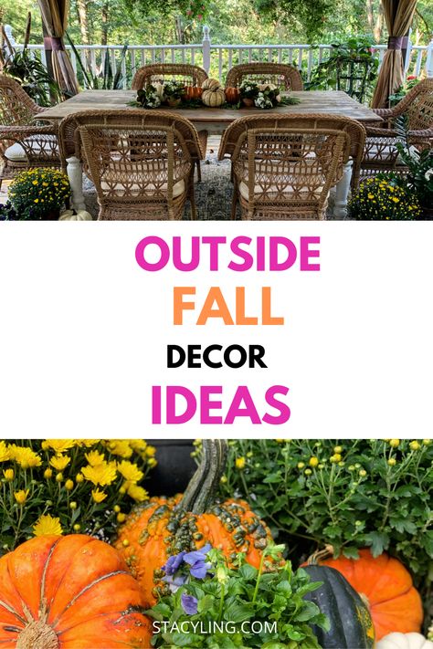 Fall Deck Decor, Fall Deck Decorating Ideas, Outside Fall Decorations, Fall Deck, Outdoor Fall Decor, Outdoor Decor Ideas, Garden Mum, Outside Fall Decor, Garden Images