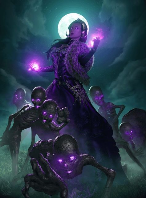 Purple Necromancer, Dark Purple Powers, Purple Magic Art, Female Necromancer Art, Purple Powers Aesthetic, Mtg Liliana, Psionic Powers, Mtg Altered Art, Fantasy Witch