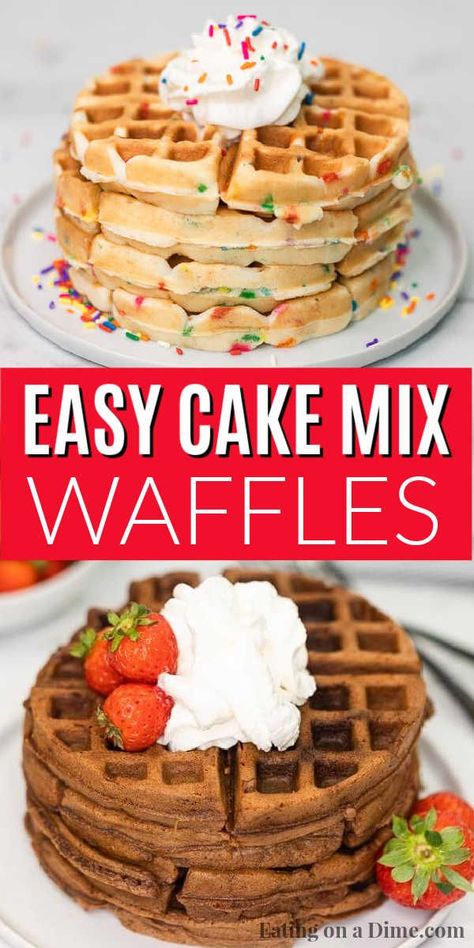 This cake mix waffles recipe is so fun and easy for the kids to make. These cake mix waffles boxes recipe can be made with your favorite flavors: funfetti, chocolate and strawberry. Learn how to make this cake mix waffles recipe with a box cake mix. This recipe is so easy, your kids can make this recipe boxes of cake mix waffles! #eatingonadime #cakemixrecipes #cakemixwaffles #easydesserts #kidrecipes Cake Mix In Waffle Iron, Cake In Waffle Maker, Waffle Maker Recipes Desserts, Waffle Iron Cake, Waffle Cake Mix Recipe, Cake Mix In Waffle Maker, Waffles With Cake Mix Boxes, Pancakes From Cake Mix Boxes, Cake Mix Pancakes Recipe