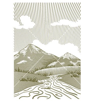 Woodcut mountain stream vector 1065524 - by blue67sign on VectorStock® Farm Vector, Airplane Vector, Woodcut Art, Boat Drawing, Mountain Drawing, Vector Trees, Free Photographs, Mountain Stream, Woodcuts Prints