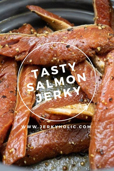 Love salmon? Well then you are going to LOVE this salmon jerky! This recipe has a light fish flavor with a nice smokey and salty finish. Just perfect! #jerky #salmonjerky #salmon #fish #jerkyrecipe #diyjerky #fishjerky #protein #highprotein #snacks Salmon Jerky Recipe, Jerky Recipes Dehydrator, Jerkey Recipes, Salmon Jerky, Dehydrating Recipes, Fish Jerky, Foods Chicken, Fish Eat, Light Fish