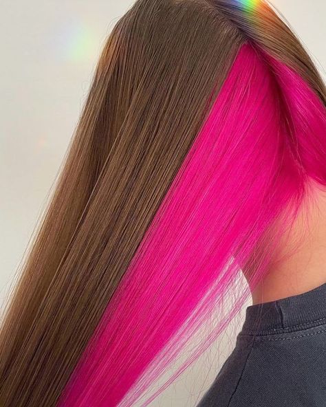 Pink Underneath Hair, Pink And Orange Hair, Underneath Hair Color Ideas, Underneath Hair Color, Unicorn Hair Color, Underneath Hair, Split Dyed Hair, Hot Pink Hair, Hair Color Underneath