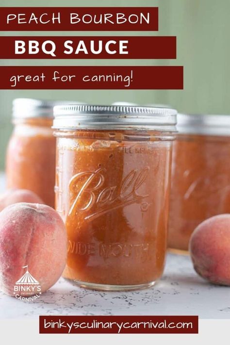 How to can Peach Bourbon BBQ Sauce from Binky's Culinary Carnival at home! This recipe walks you through the process step by step. An easy, delicious BBQ sauce, it can be made in smaller batches and stored in the refrigerator, if you don't have a canning pot. It's great on chicken, pork and even fish! Give it a try today! Bbq Sauce For Canning, Peach Bourbon Bbq Sauce, Peach Bbq Sauce Recipe, Bourbon Bbq Sauce, Peach Bbq, Peach Bourbon, Peach Sauce, Canning Peaches, Homemade Barbecue