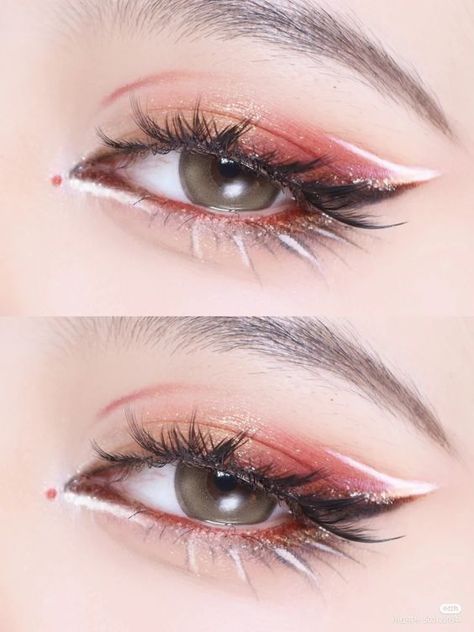 Cherry Blossom Makeup Look, Pink Grunge Makeup, Doujin Makeup, Red And White Makeup, Cherry Blossom Makeup, Valentines Makeup Looks, Teknik Makeup, Anime Eye Makeup, Christmas Eye Makeup