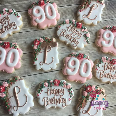 551 Likes, 10 Comments - Mary Donley (@sugarcomacookies) on Instagram: “90th birthday cookies! I was such a fan of @caceyscakery monogram floral plaque I knew I had to do…” 90th Birthday Cookies, 90th Birthday Party Ideas, 90th Birthday Ideas, Birthday Presents For Grandma, 90th Birthday Cakes, 95th Birthday, 75th Birthday Parties, 80 Birthday Cake, 90th Birthday Parties