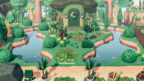 Pond Inspo Acnh, Acnh Tropical Jungle Island Ideas, Frog Pond Acnh, Acnh Island Forest Theme, Acnh Ponds Ideas, Swampcore Animal Crossing, Acnh Jungle House, Acnh Jungle Design Codes, Jungle Core Animal Crossing