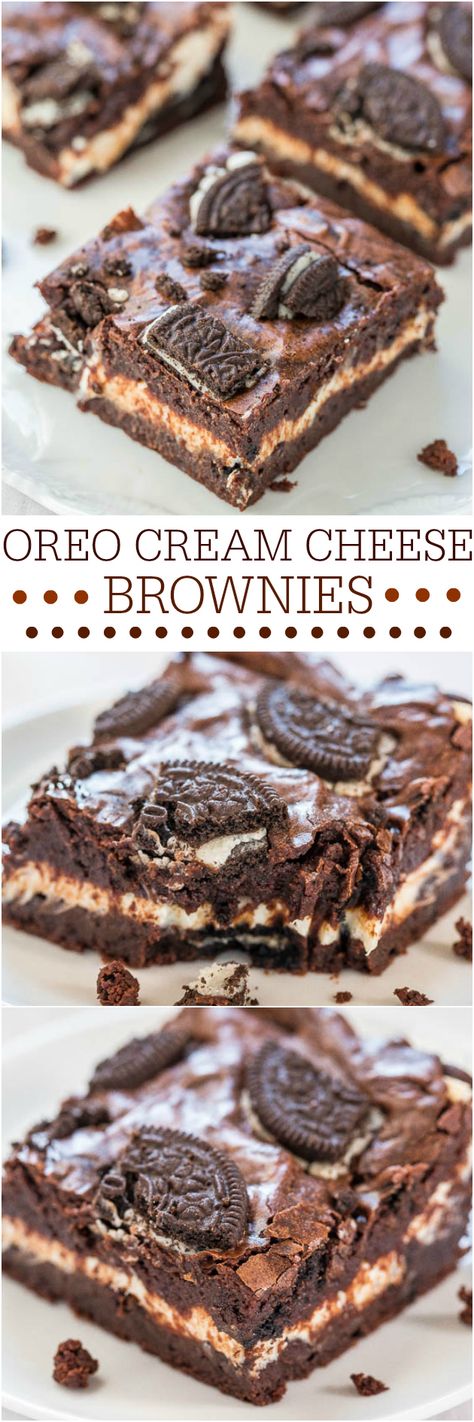 Oreo Cream Cheese Brownies Oreo Cream Cheese Brownies, Oreo Cream Cheese, Cheesecake Layer, Cheese Brownies, Cream Cheese Brownies, Oreo Cream, Averie Cooks, Baking Recipe, Bar Recipe